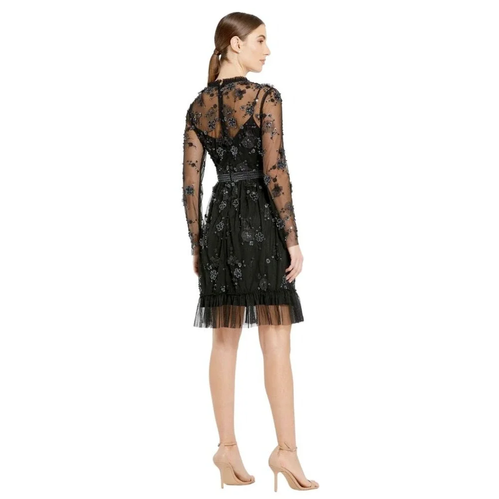 Mac Duggal Size 10 Black Floral Long Sleeve‎ Embellished Ruffle Formal Dress